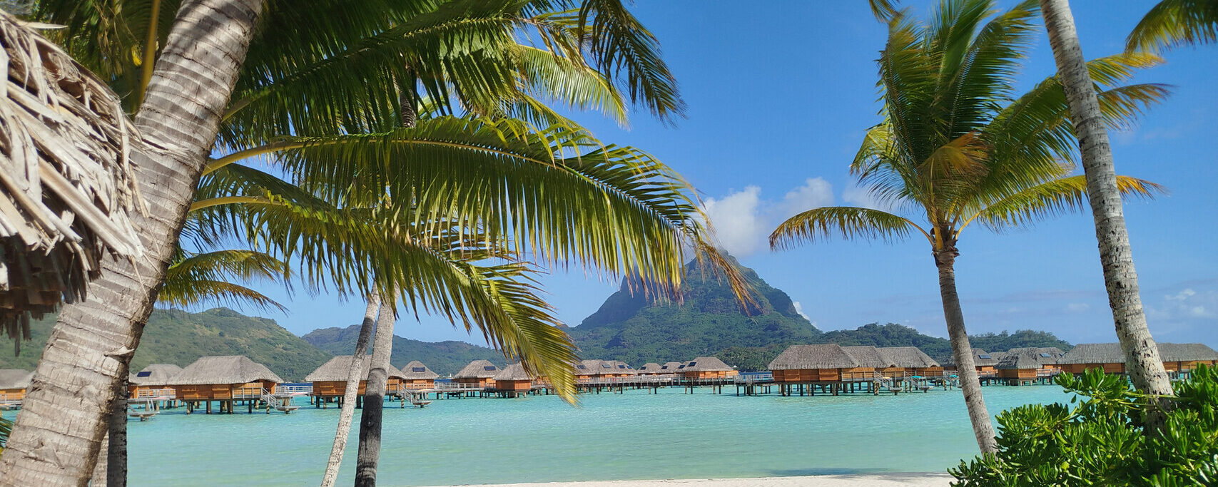 Idyllisches Overwater-Bungalows-Resort in Bora Bora, Französisch-Polynesien: Luxuriöse Hütten auf türkisfarbenem Lagunenwasser, umgeben von Palmen und dem ikonischen Mount Otemanu-Vulkan. Perfektes Südsee-Paradies für Traumurlaub.

